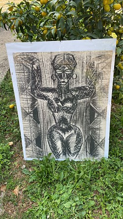 Grand dessin crayon gras cubiste 1950